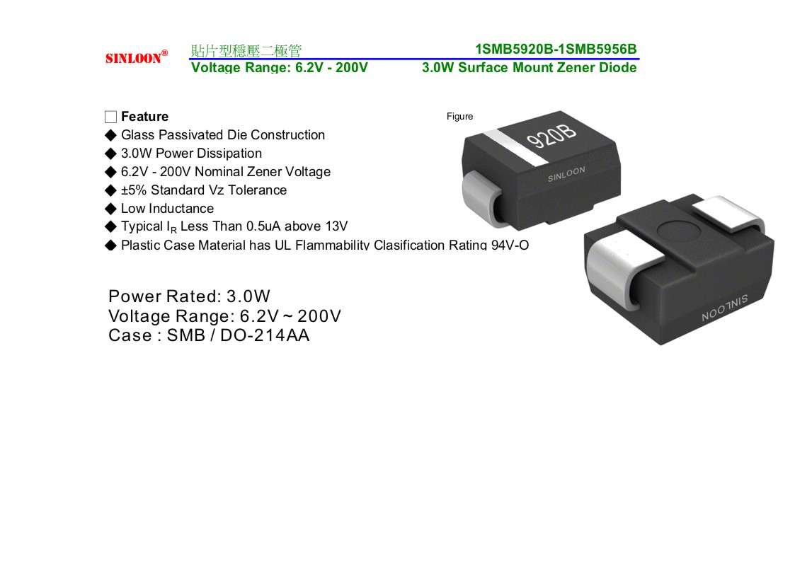 1SMB5920B 1SMB5956B ( 3W 6.2V 200V)