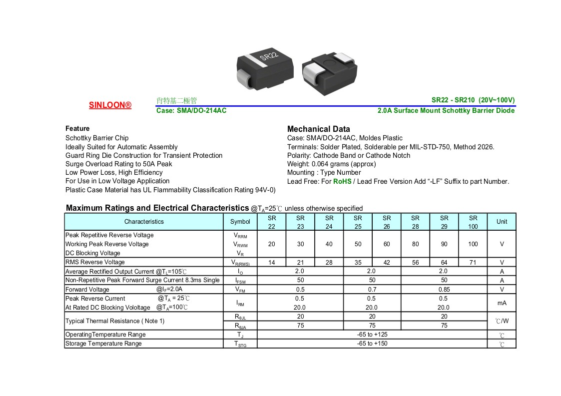 SMD Schottky Diode SR22SR210